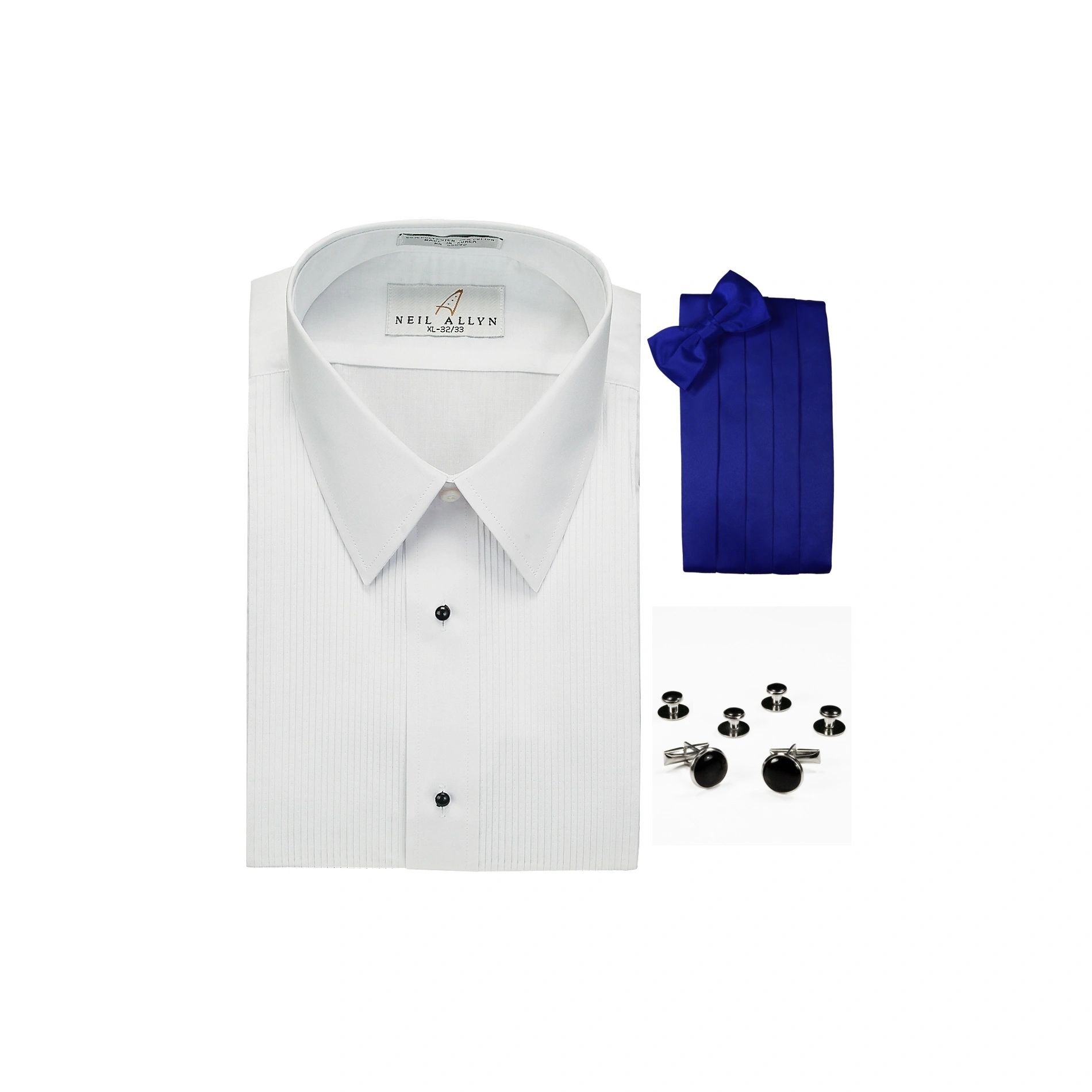 Neil Allyn Lay-Down Collar 1/8" Pleats Formal Tuxedo Shirt, Royal Blue Cummerbund, Bow-Tie, Cuff Links & Studs