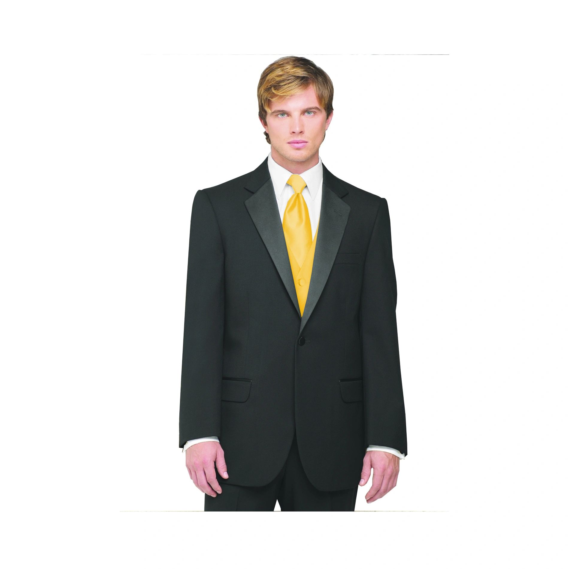 Neil Allyn 7-Piece Tuxedo with Flat Front Pants Gold Vest and Tie