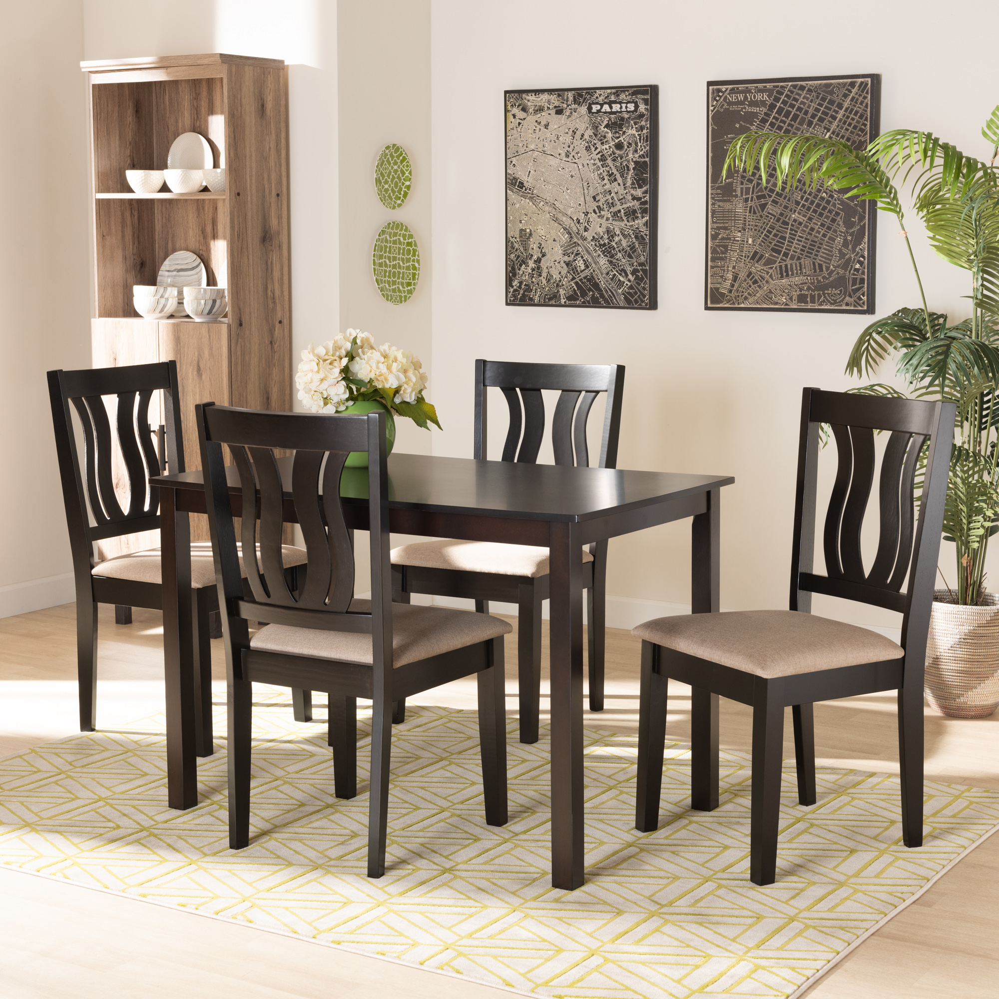 Baxton Studio Fenton Modern and Contemporary Sand Fabric Upholstered and Dark Brown Finished Wood 5-Piece Dining Set