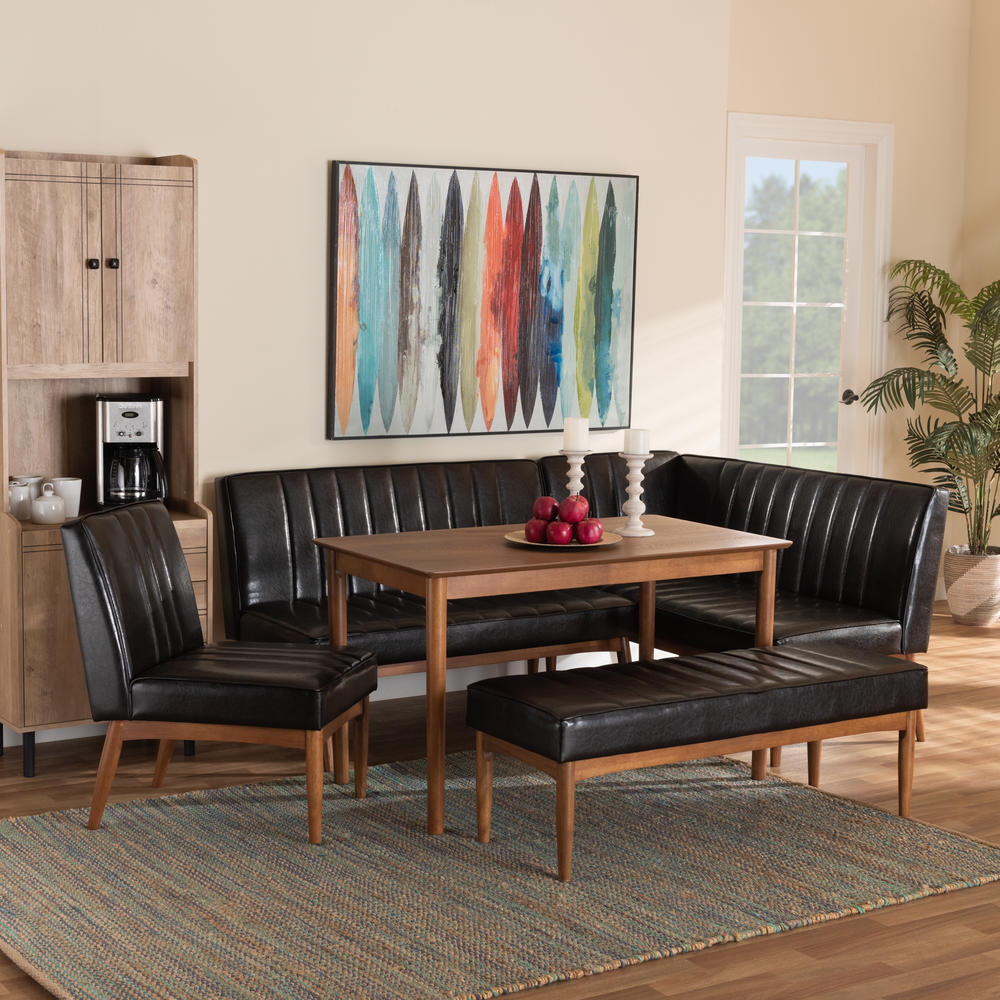Baxton Studio Daymond Mid-Century Modern Dark Brown Faux Leather Upholstered and Walnut Brown Finished Wood 5-Piece Dining Nook Set