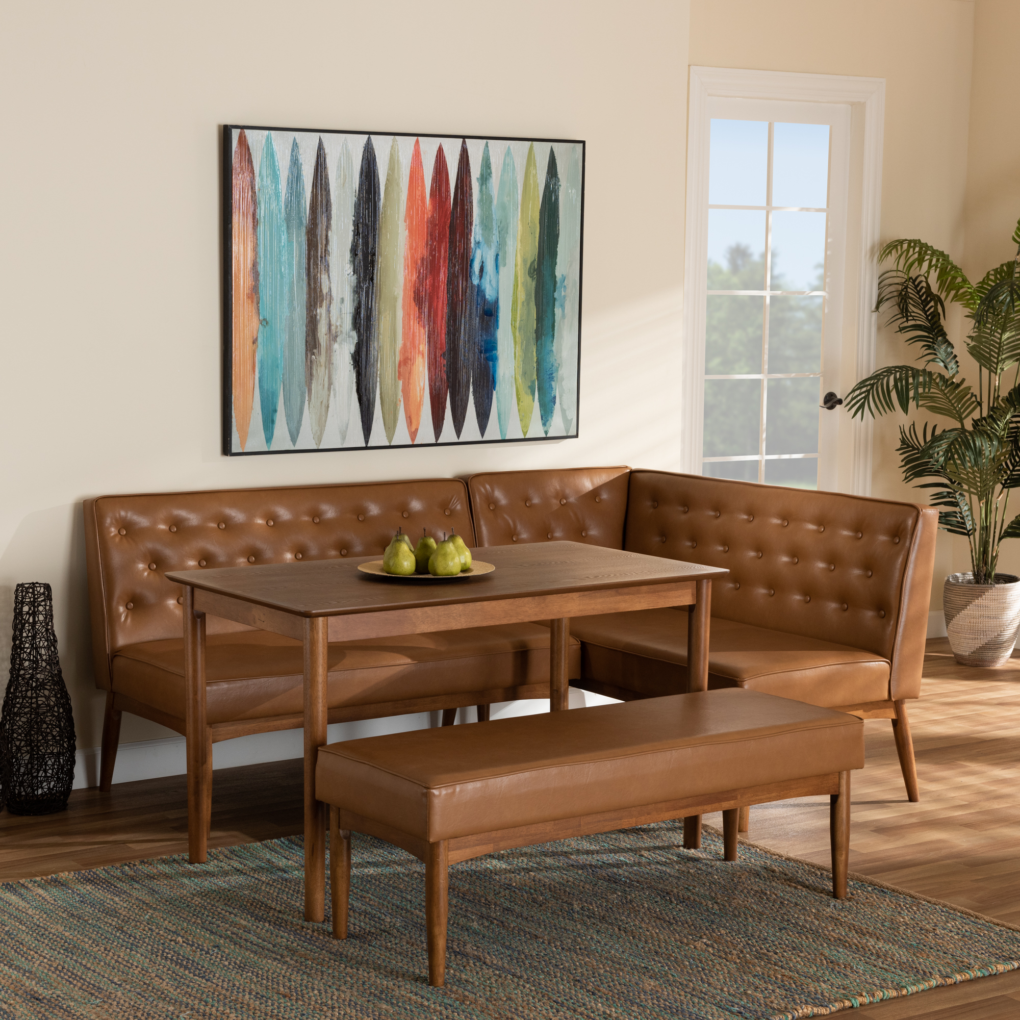 Baxton Studio Riordan Mid-Century Modern Tan Faux Leather Upholstered and Walnut Brown Finished Wood 4-Piece Dining Nook Set