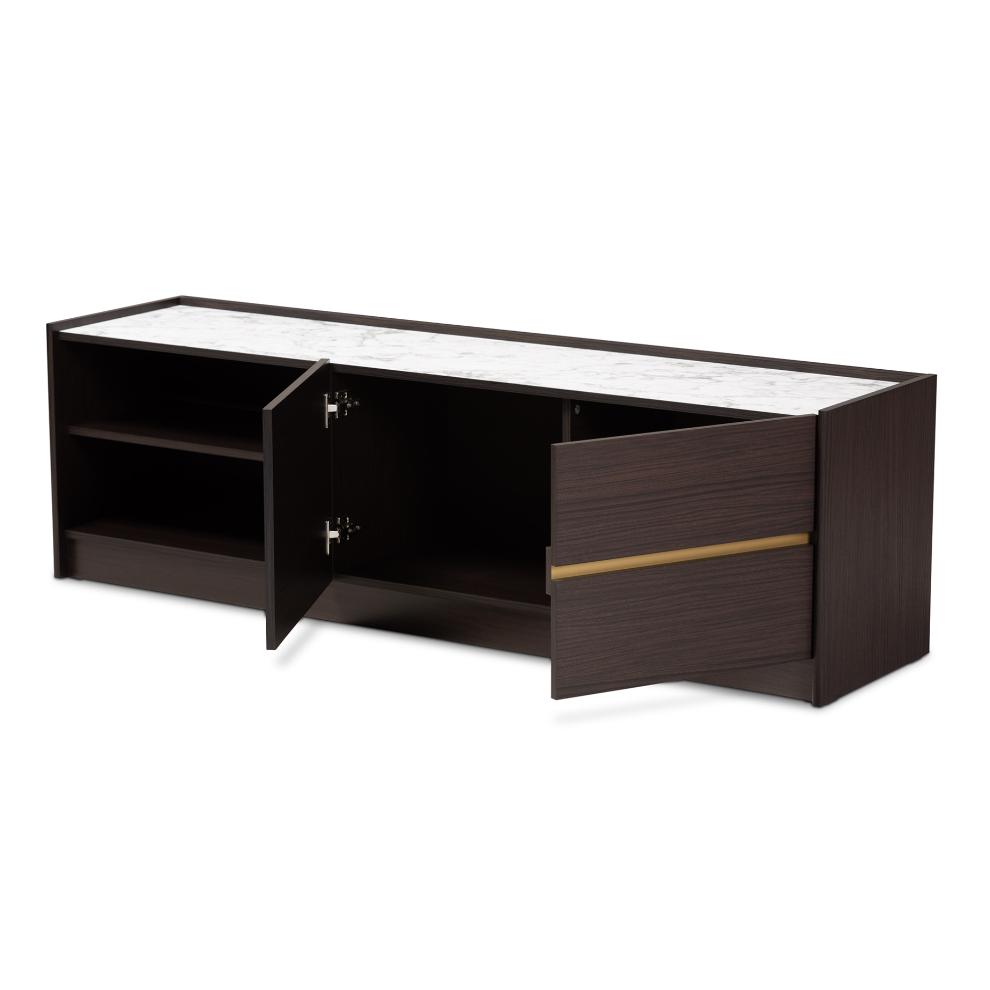 Baxton Studio Walker Modern and Contemporary Dark Brown and Gold Finished Wood TV Stand with Faux Marble Top