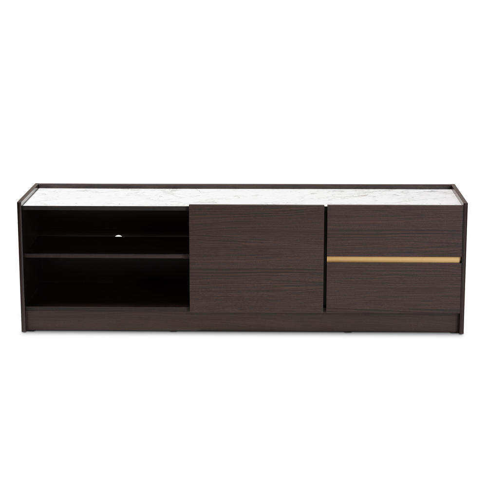 Baxton Studio Walker Modern and Contemporary Dark Brown and Gold Finished Wood TV Stand with Faux Marble Top