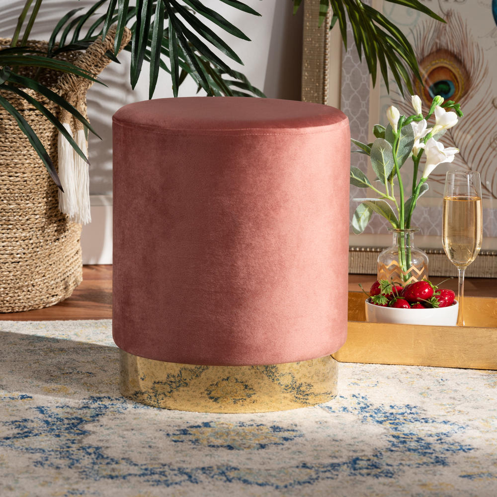Baxton Studio Chaela Contemporary Glam and Luxe Blush Pink Velvet Fabric Upholstered and Gold Finished Metal Ottoman