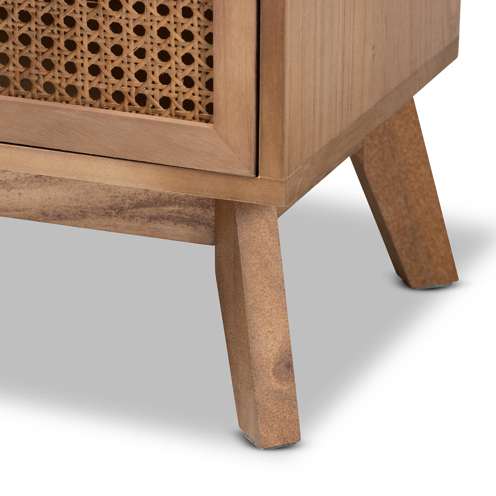 Baxton Studio Baden Mid-Century Modern Walnut Brown Finished Wood 3-Drawer Nightstand with Rattan
