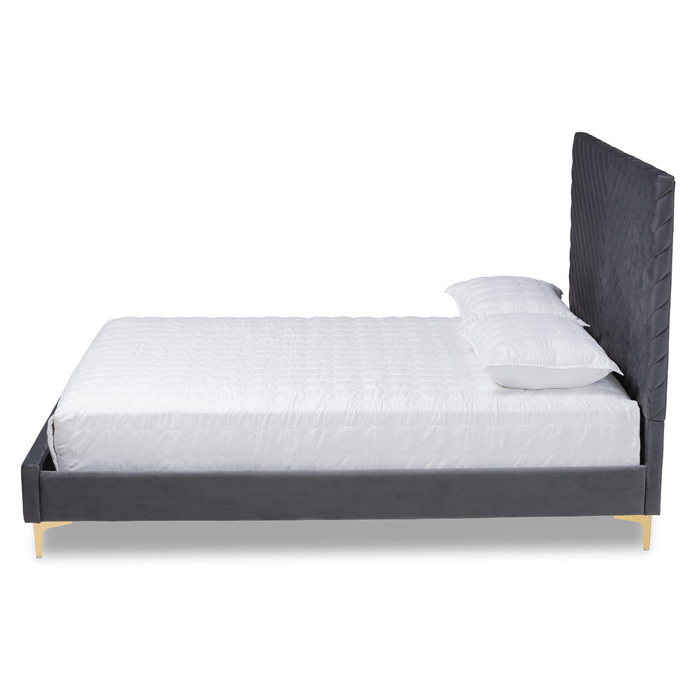 Baxton Studio Fabrico Contemporary Glam and Luxe Grey Velvet Fabric Upholstered and Gold Metal Queen Size Platform Bed