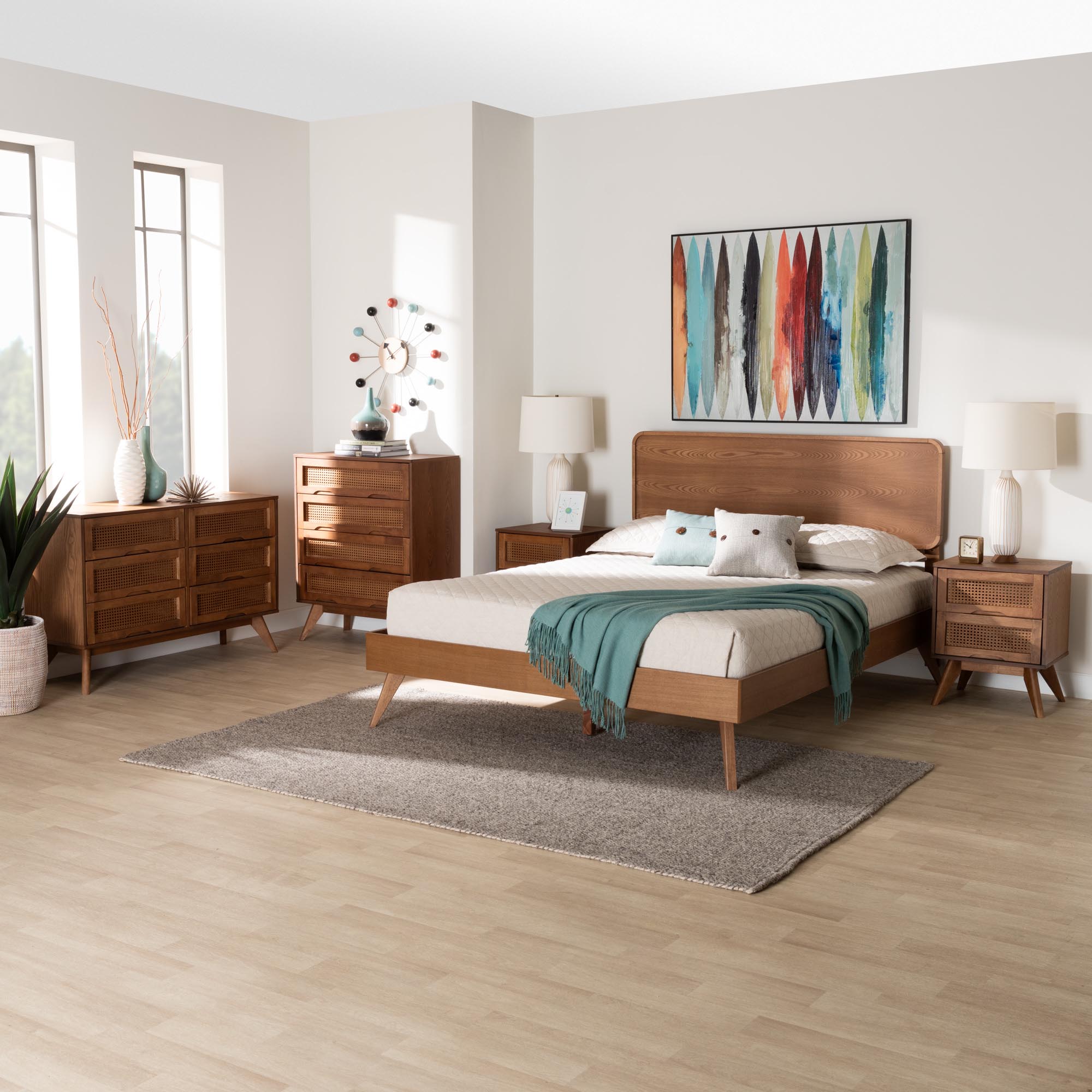 Baxton Studio Demeter Mid-Century Modern Walnut Brown Finished Wood Queen Size 5-Piece Bedroom Set