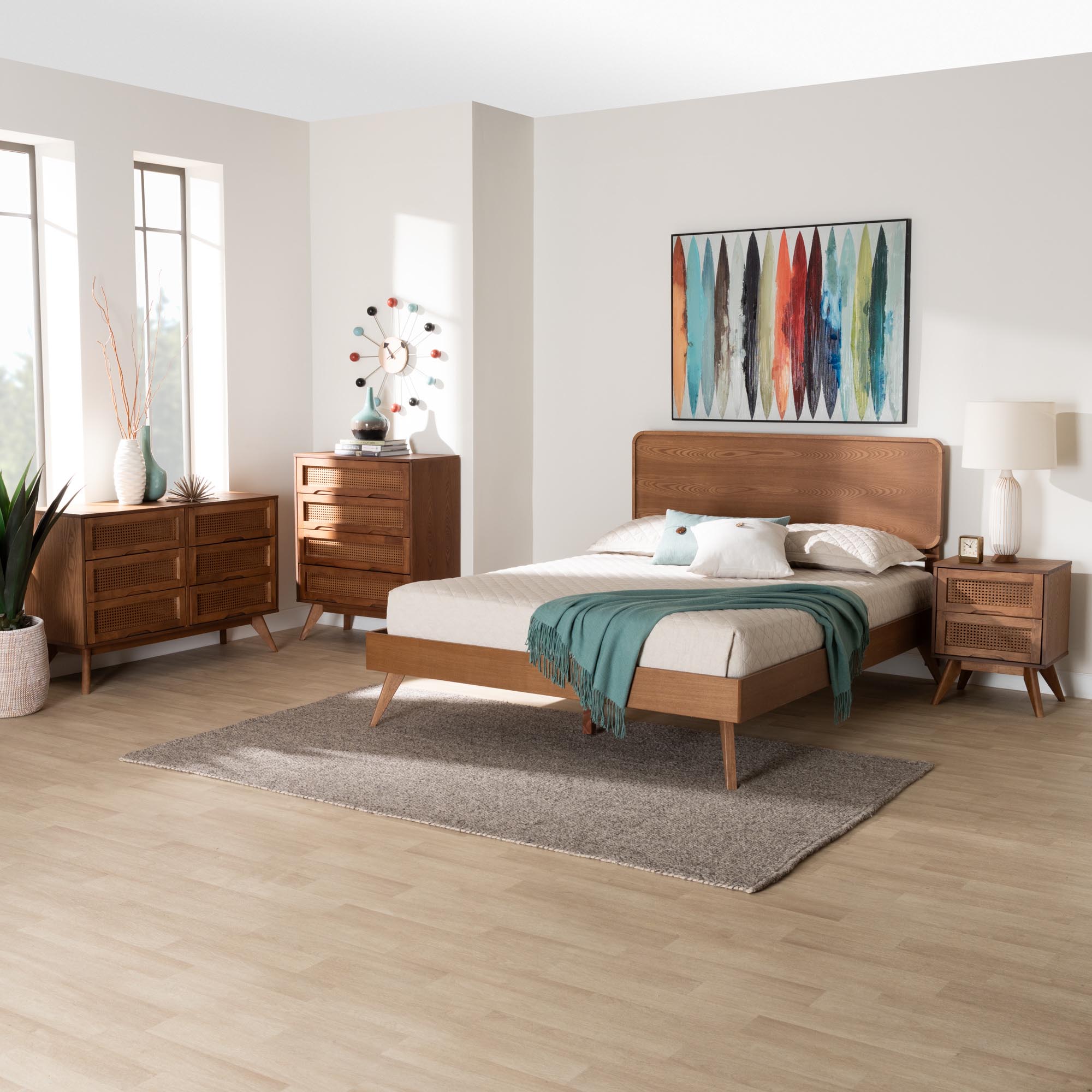 Baxton Studio Demeter Mid-Century Modern Walnut Brown Finished Wood Queen Size 4-Piece Bedroom Set
