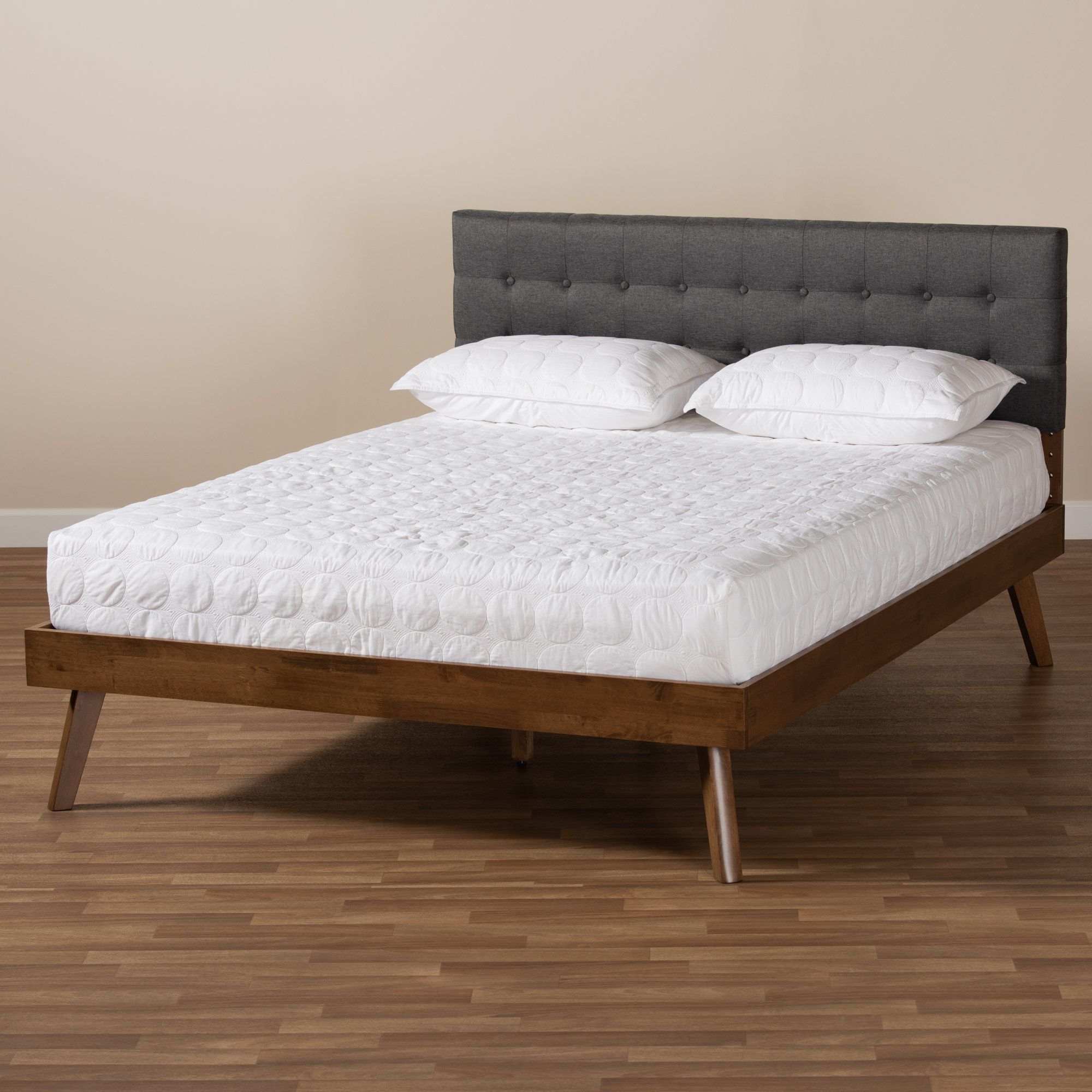 Baxton Studio Devan Mid Century Modern Dark Grey Fabric Upholstered Walnut Brown Finished Wood King Size Platform Bed Baxton Studio Devan Mid Century Modern, Modern Mid Century Natural Color Walnut King Size Platform Bed