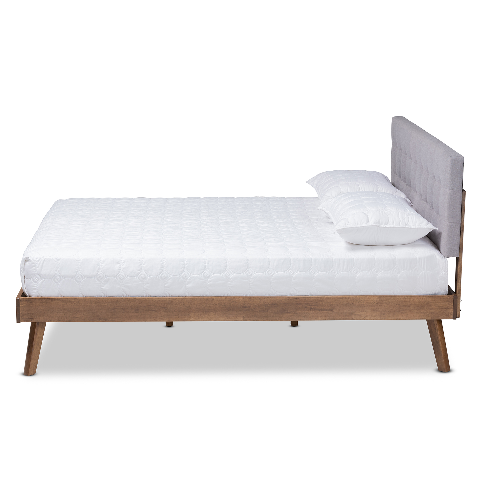 Baxton Studio Devan Mid Century Modern Light Grey Fabric Upholstered Walnut Brown Finished Wood King Size Platform Bed Baxton Studio Devan Mid Century Modern, Modern Mid Century Natural Color Walnut King Size Platform Bed