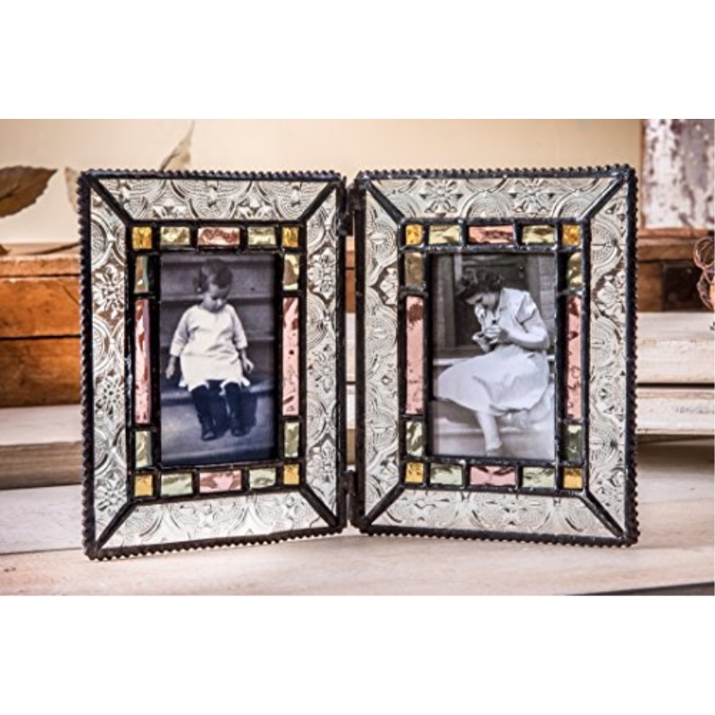 J Devlin Glass Art Pic 137 2 Double Picture Frame 2x3 Photo J Devlin Glass Art Pic 137 2 Double Picture Frame 2x3 Photo Stained Sage Green Rose Amber Vintage Keepsake