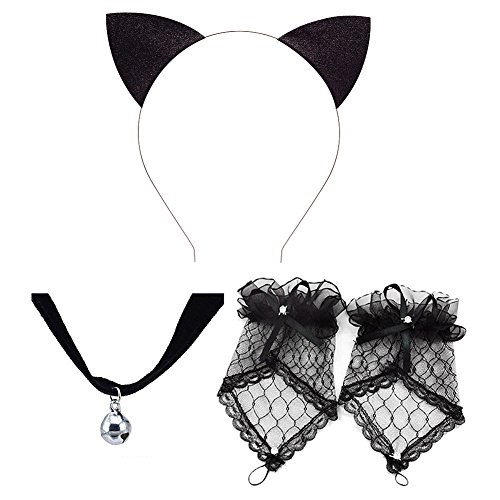 Ztl Cat Ears Headband Bell Choker Lace Fingerless Gloves Set For