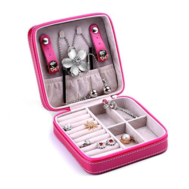 Travel Jewelry Bo Lokho Small Faux Travel Jewelry Box Organizer Display Storage Case For Rings Earrings Necklace Rose Red