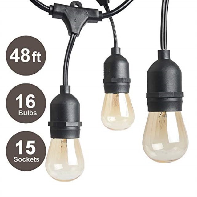 T Mark 48 Ft Commercial Grade Outdoor String Lights With 15 X E26 Sockets And Hanging Loops 16 11 Watt Edison S14 Bulbs 1 Sp T Mark 48 Ft Commercial Grade, Outdoor String Light Sockets