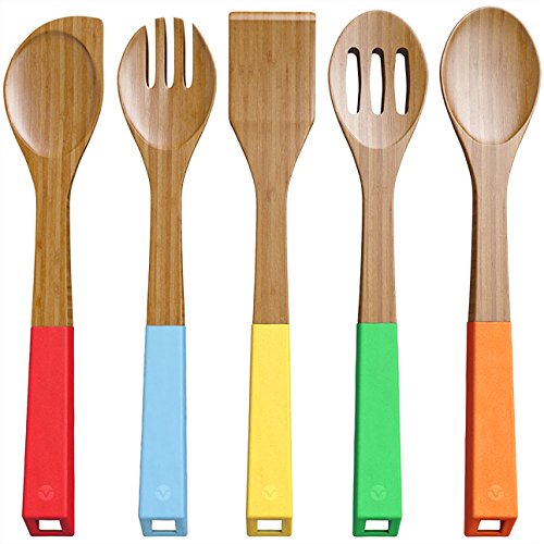 Vremi Vremi 5 Piece Bamboo Kitchen Utensil Set Wooden Spoons And Cooking Utensils With Colorful Silicone Handles Nonstick Spatula