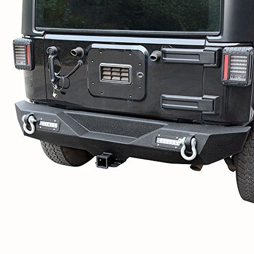 LEDKINGDOMUS Rear Bumper for 0718 Jeep Wrangler JK and JK Unlimited with 2x LED Lights  2 Hitch Receiver Textured Black
