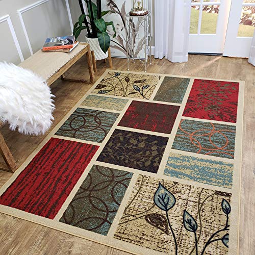 Maxy Home Area Rug 5x7 Beige Multi Color Geometric Rubber Backed Non Slip For Any Room Kitchen Rugs And Mats