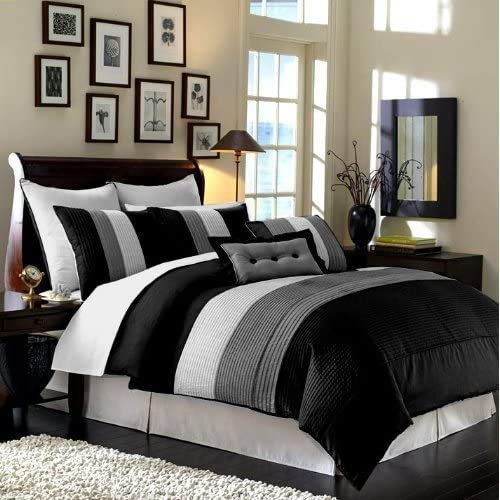 Chezmoi Collection 8 Piece Black Gray White Pleated Stripe Comforter Set King Size Bedding Chezmoi Collection 8 Piece Black Gray, King Size Bed Comforter Set Black