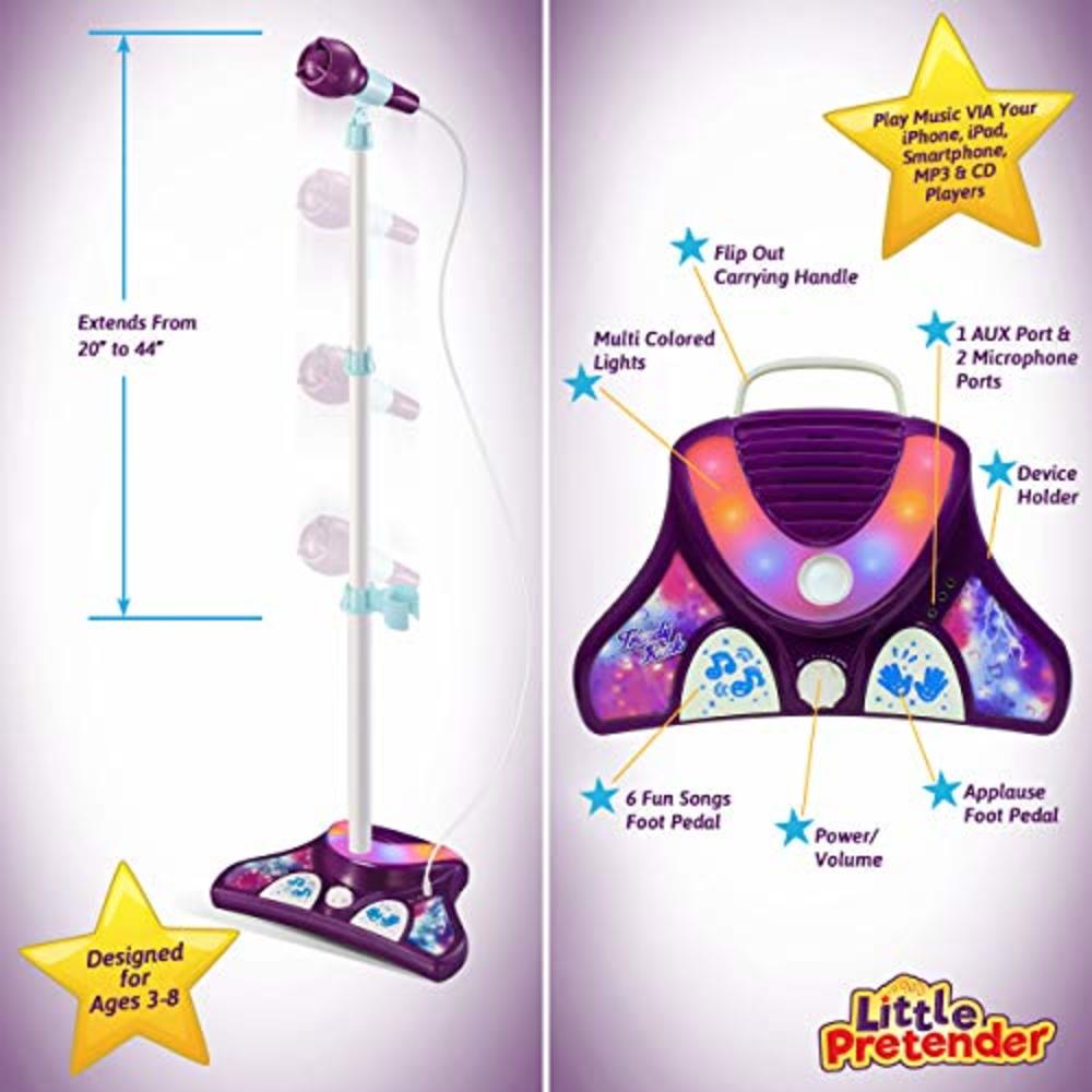 Little Pretender L P Kids Karaoke Machine with 2 Microphones and Adjustable Stand, Music Sing Along with Flashing Stage Lights and Pedals for Fun