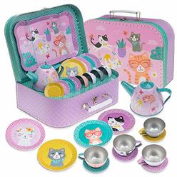 Jewelkeeper 15 Piece Kids Tin Tea Set & Carrying Case - Cat Design