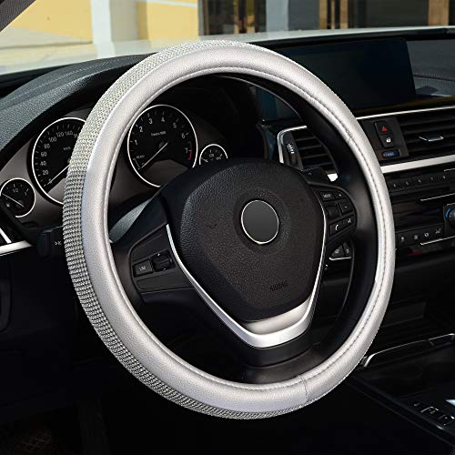 KAFEEK Diamond Leather Steering Wheel Cover with Bling Bling Crystal Rhinestones, Universal 15 inch Anti-Slip, Silver Microfiber