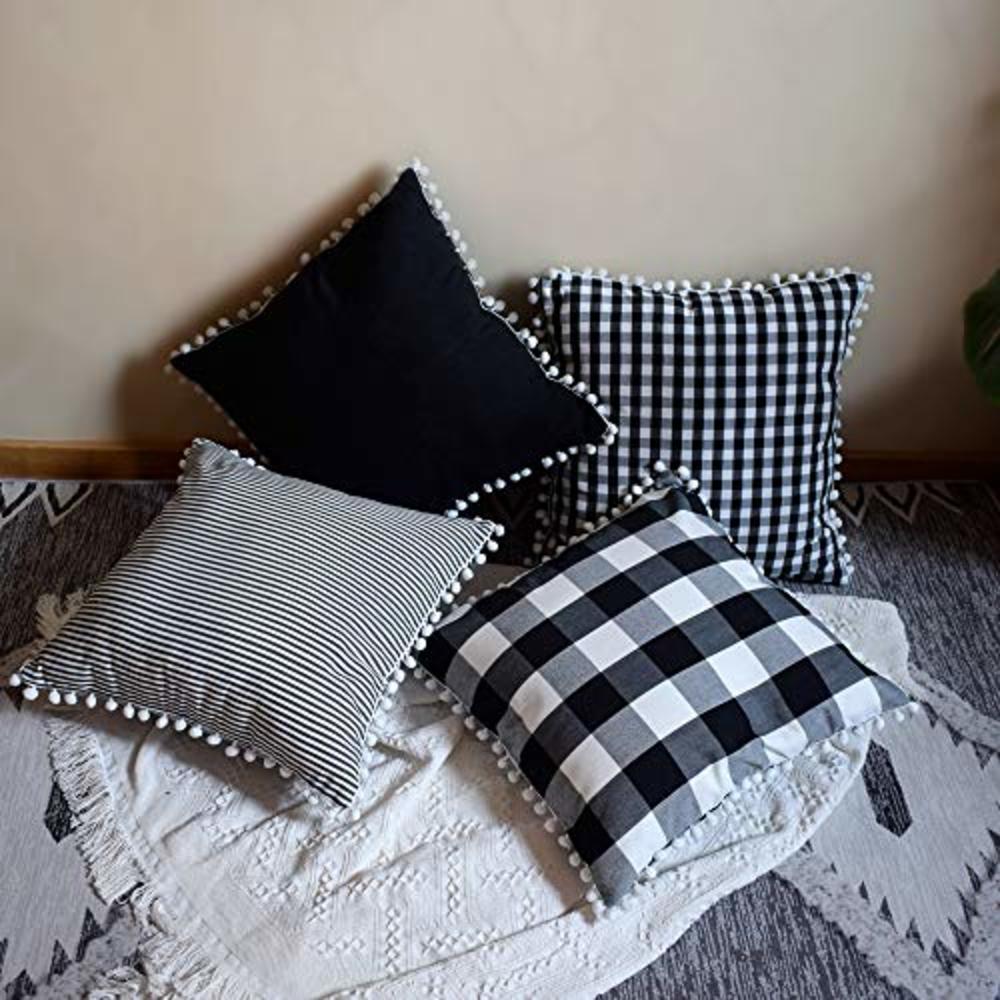 HOPLEE Farmhouse Pillows Covers 18x18 Black Cushion Covers with Pompom Fringe Decorative Pillow Sets of 4