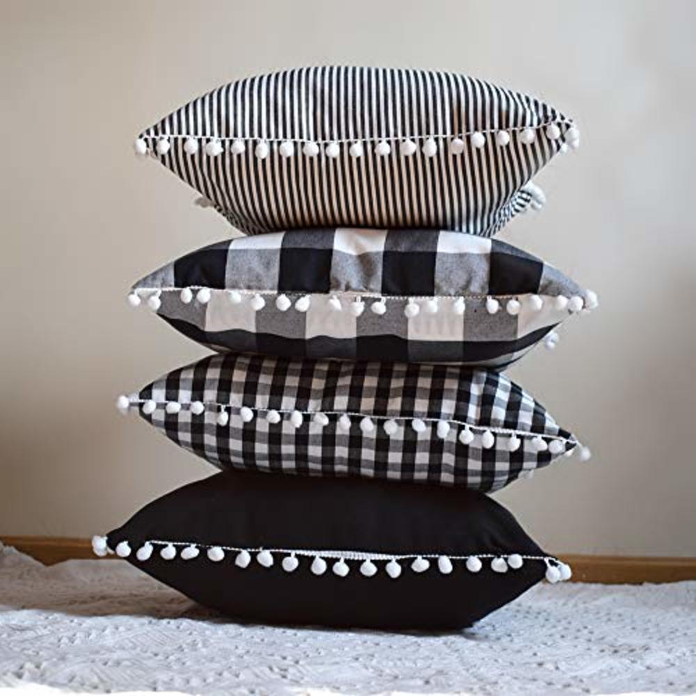 HOPLEE Farmhouse Pillows Covers 18x18 Black Cushion Covers with Pompom Fringe Decorative Pillow Sets of 4