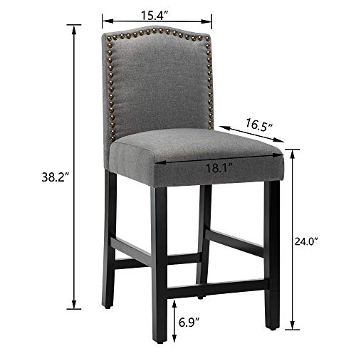 Lsspaid 24 Inch Fabric Counter Backed Bar Stools Kitchen Island Wood Dining Chairs With Nailhead Trim And Rubber Legs Gray Set Of Lsspaid 24 Inch Fabric Counter Backed, 24 Inch Counter Height Dining Chairs