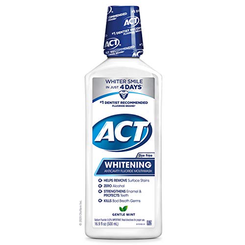 ACT Whitening + Anticavity Fluoride Mouthwash 16.9 fl. oz. with Zero Alcohol, Dye Free, Gentle Mint