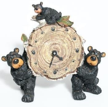 Bear Figures Holding Willie Black Bear with Cub Holding a Birch Log Clock 8"