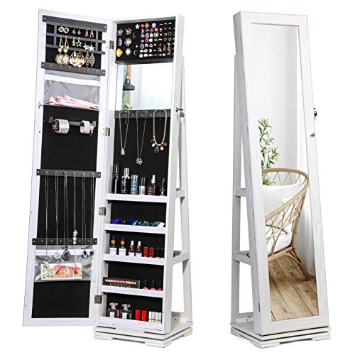 TWING Jewelry Organizer Jewelry Cabinet 360 Rotating, Lockable Standing Wall Jewelry Armoire with Full Length Mirror Large Jewel