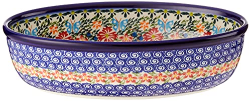 Polish Pottery Ceramika Boleslawiec Oval Mirek Baker 2, 9-2/3-Inch by 6-7/10-Inch, 5 Cups, Royal Blue Patterns with Red Cornflow