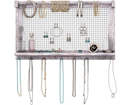 Comfify Rustic Jewelry Organizer ??Wall Mounted Jewelry Holder w/ Removable Bracelet Rod, Shelf & 16 Hooks ??Perfect Earrings, Necklaces