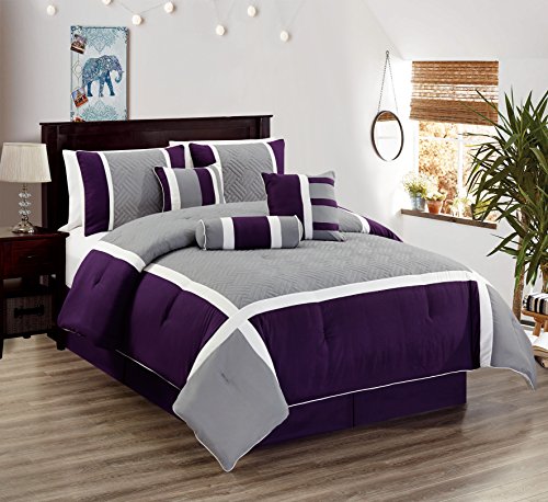 All American Collection New 7 Piece Embroidered Over-sized Luxury Comforter Set (King, Purple/Grey)