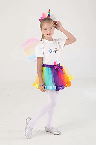 Cocojeci Little Girls Layered Rainbow Tutu Skirts with Wings Unicorn  Headband and Bracelets (Rainbow+Wing, M)