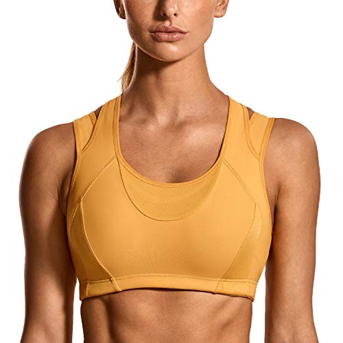 SYROKAN Womens Workout Sports Bra High Impact Support Bounce Control  Wirefree Mesh Racerback Top Amber Yellow X-Large