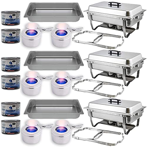 HeroFiber Chafing Dish Buffet Set w/Fuel — Folding Frame + Water Pan + Food Pan (8 qt) + 6 Fuel Holders + 6 Fuel Cans – 3 Full War