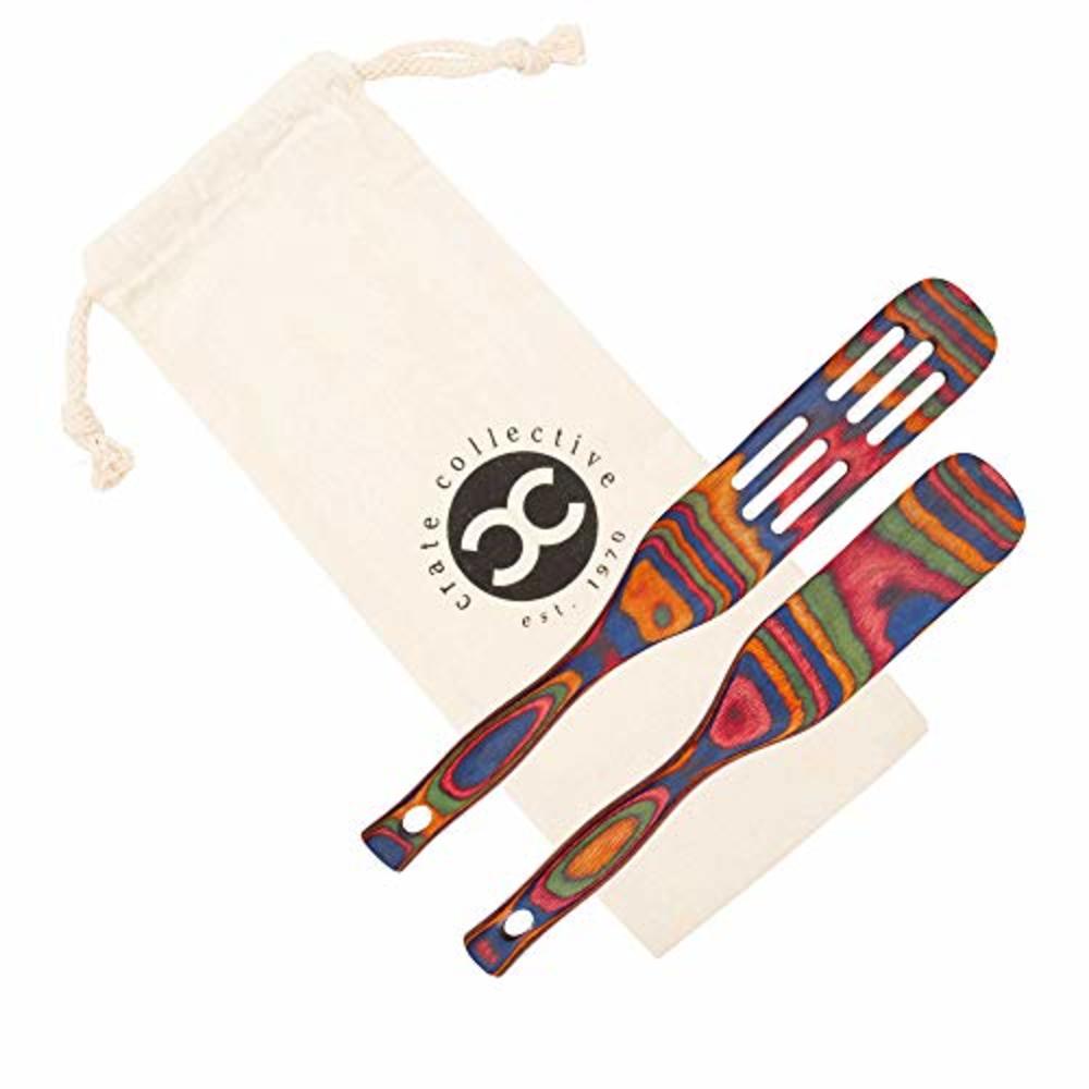 Crate Collective 2-Piece Pakka Wood Spurtle Set (Stirring Spatula/Spoon), 11-inch Spurtle and 13-inch Spurtle (Rainbow)