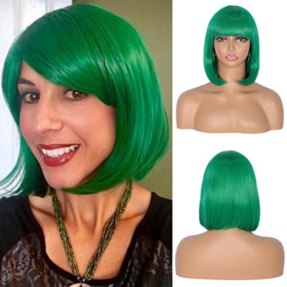Kalyss Womens Cosplay Party Kanekalon Synthetic Fiber Short Straight Dark Green Bob Hair Full Wigs
