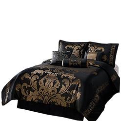 Chezmoi Collection 7-Piece Royale Jacquard Floral Comforter Set, Full/Double, Black/Gold