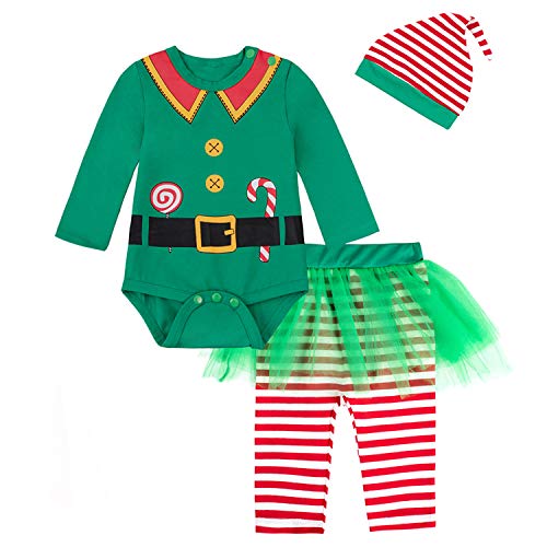 LENSOUS Baby Girls Newborn 1st Christmas Costume Tutu Dress Elf Outfit Set?12-18 Months Green)