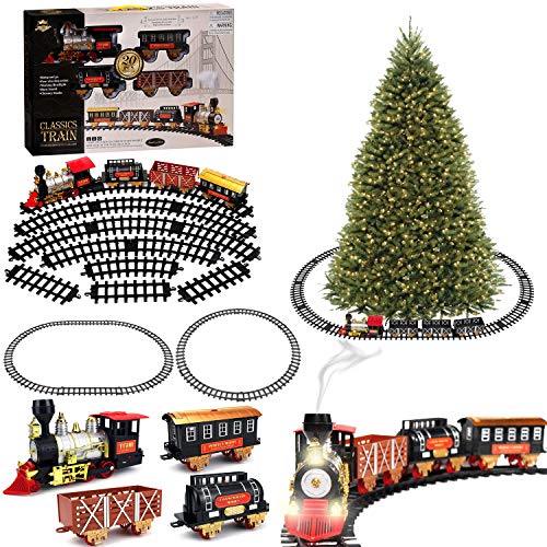 Blue Block Factory Large Classic Holiday Christmas Tree Train Set with Sounds Lights Smoke for Around Under The Christmas Tree