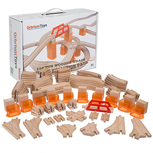 Orbrium Toys Multi-Level 110 Piece Wooden Train Bulk Track Expansion Pack with Stackable Track Riser Stabilizers Compatible with