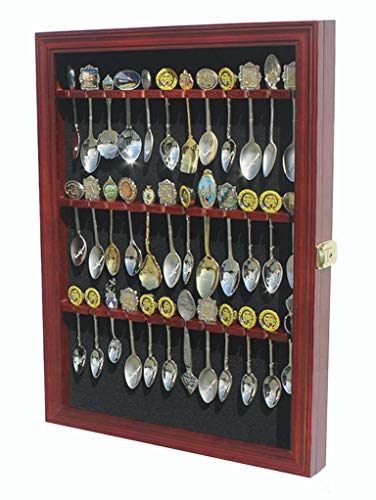 DisplayGifts 36 Souvenir Tea Spoon Display Case Rack Wall Mountable Cabinet Solid Wood Frame with Glass Door Lockable Cherry Finish