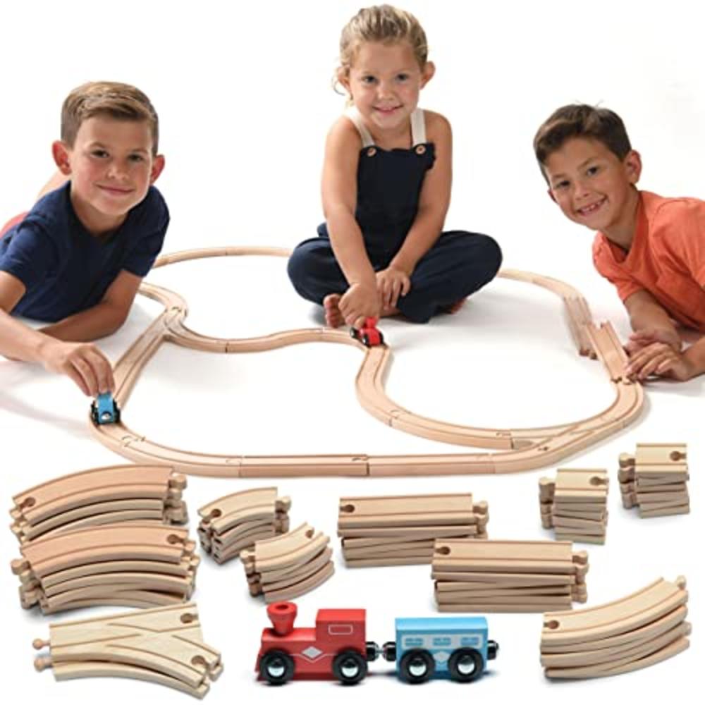 Play22 Wooden Train Tracks - 52 PCS Wooden Train Set + 2 Bonus Toy Trains - Train Sets for Kids - Car Train Toys is Compatible w