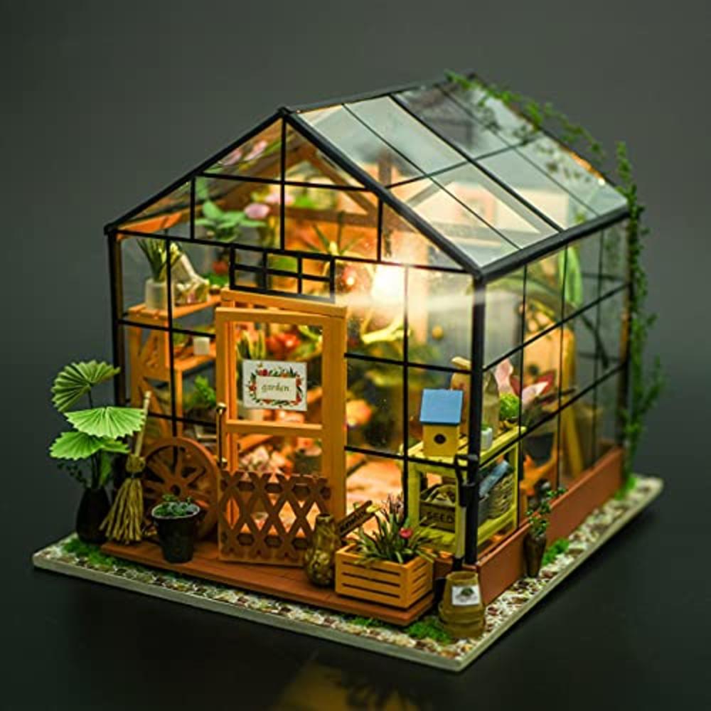 ROBOTIME DIY Dollhouse Wooden Miniature Furniture Kit Mini Green House with LED Best Birthday Gifts