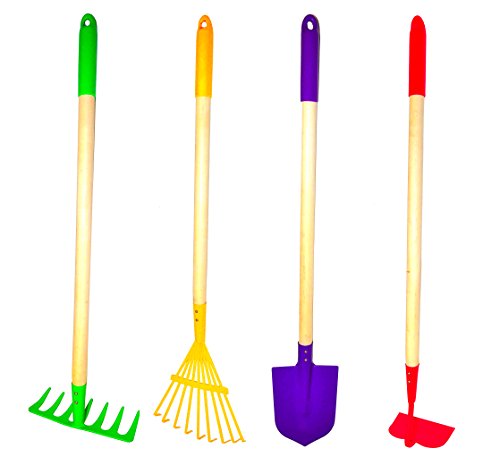 G & F Products G & F JustForKids Kids Garden Tool Set Toy, Rake, Spade, Hoe and Leaf Rake, reduced size , made of sturdy steel heads and real w