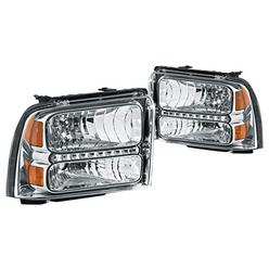 DNA Motoring HL-OH-FSD05-LED-CH-AM Chrome Amber Headlights Replacement For 05-07 F250 F350 F450 F550 SD
