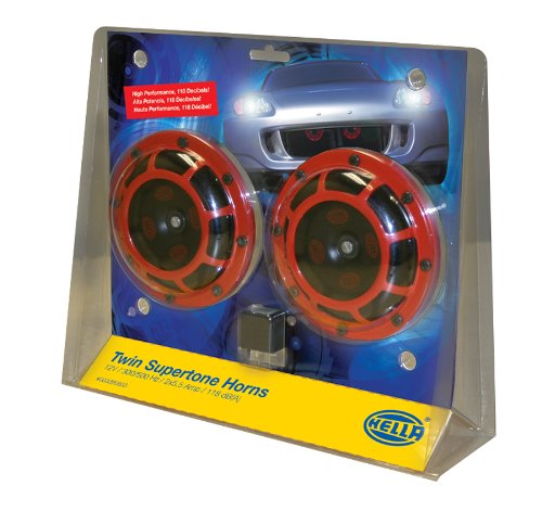 HELLA 003399803 Supertone 12V High Tone / Low Tone Twin Horn Kit with Red Protective Grill, 2 Horns