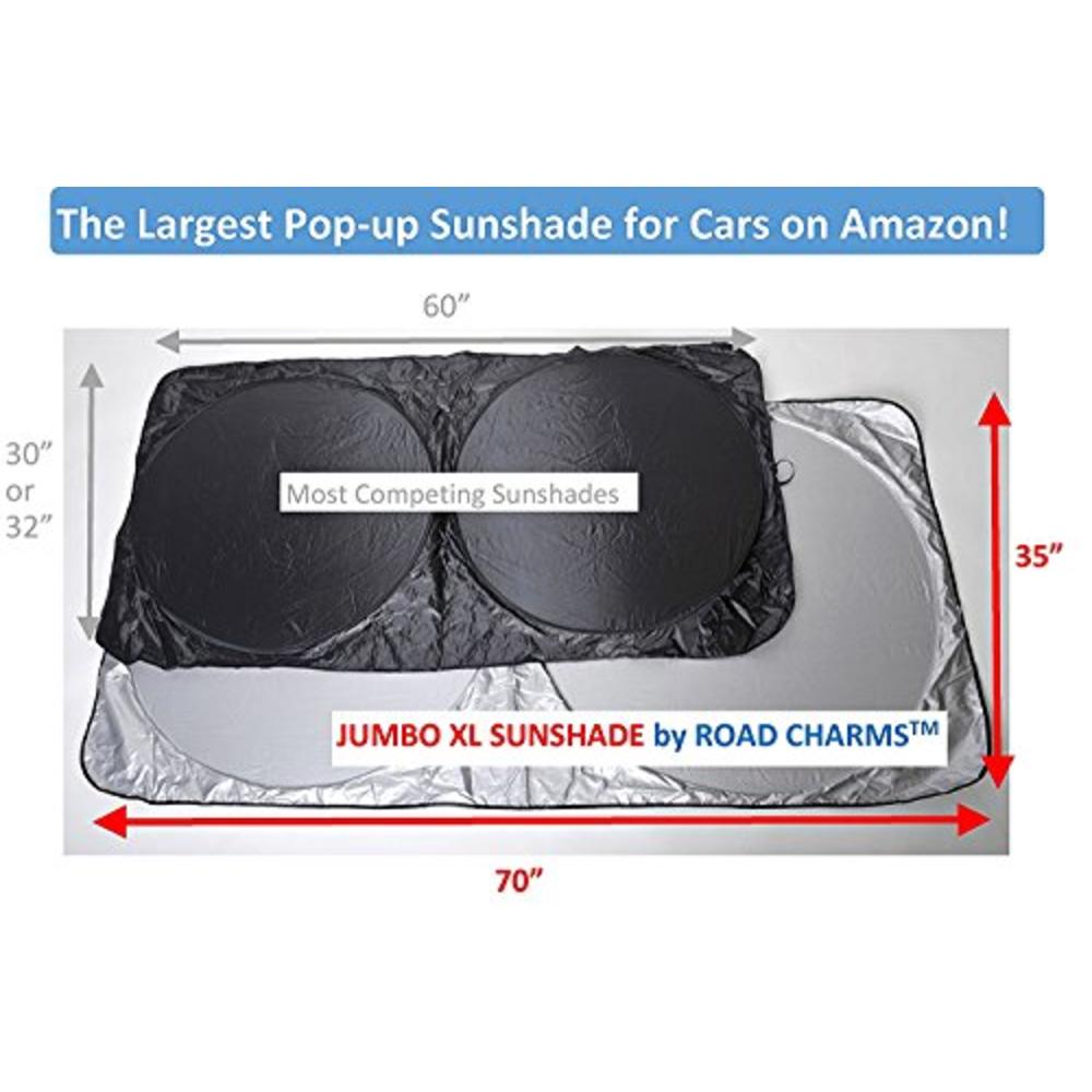 Road Charms Windshield Sun Shade - Jumbo XL (70 x 35 inches) Car Window Shade - Easy to Use Folding Shade Nylon UV Protector - Keeps Car Coo